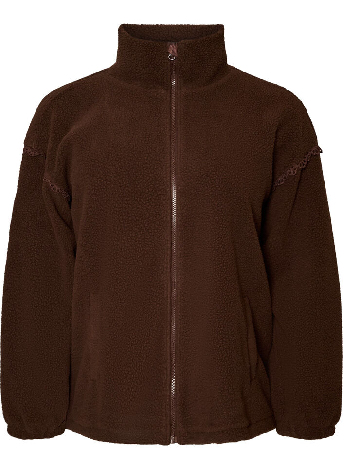 Teddyjakke med brodert kant i hullm&oslash;nster og h&oslash;y hals, Brun, Packshot image number 0