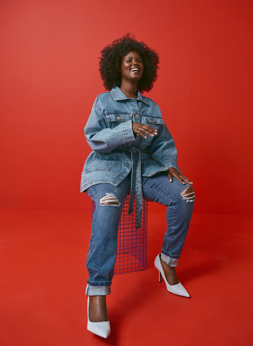 Supersmale Amy jeans med slitasjedetaljer, Blue Denim, Image image number 0