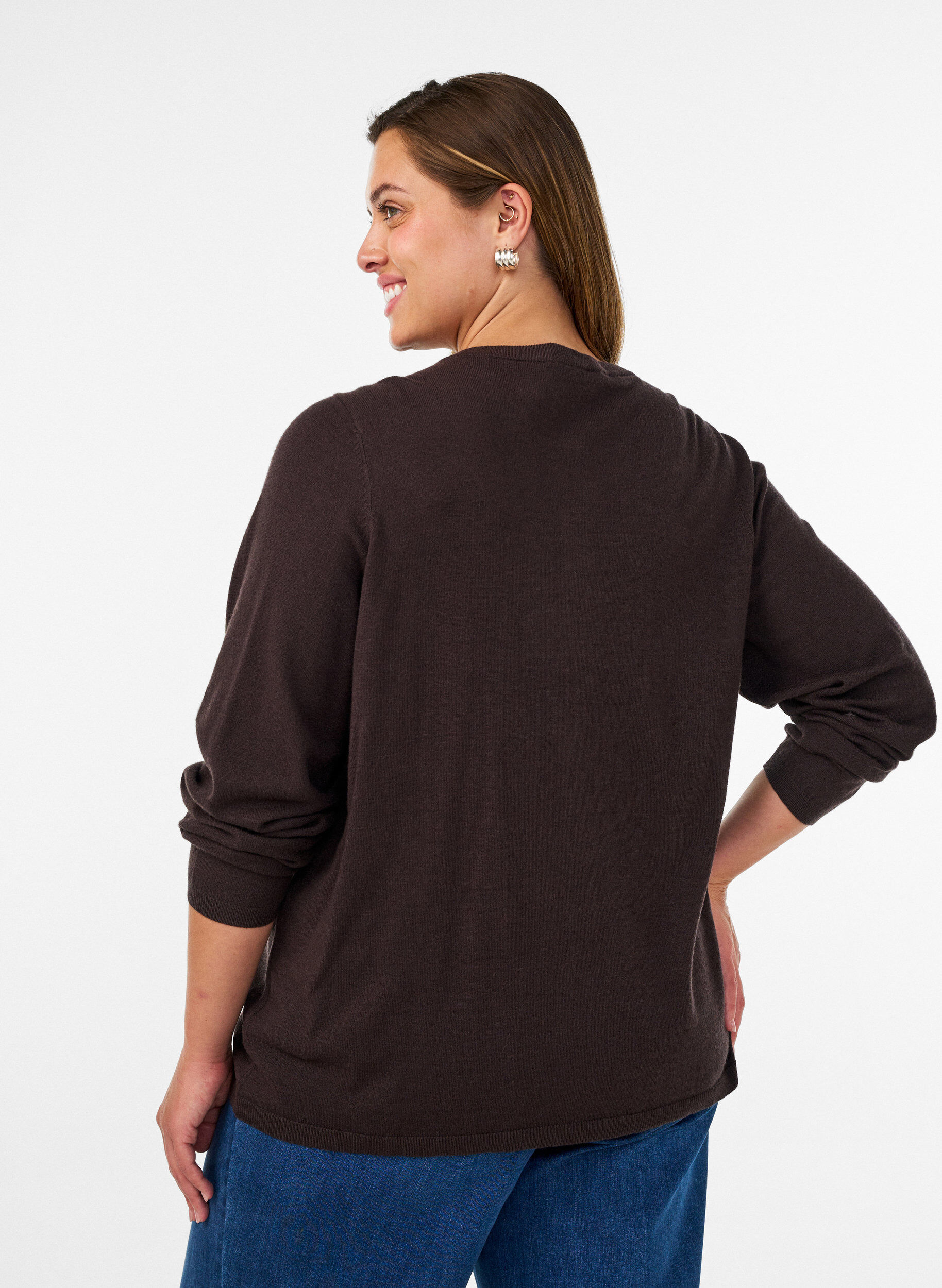 ZizziCardigan med runde knapper, Brun, Model image number 2
