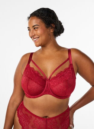 Zizzi Heldekkende blonder BH med stroppe detaljer, Rød, Model image number 0