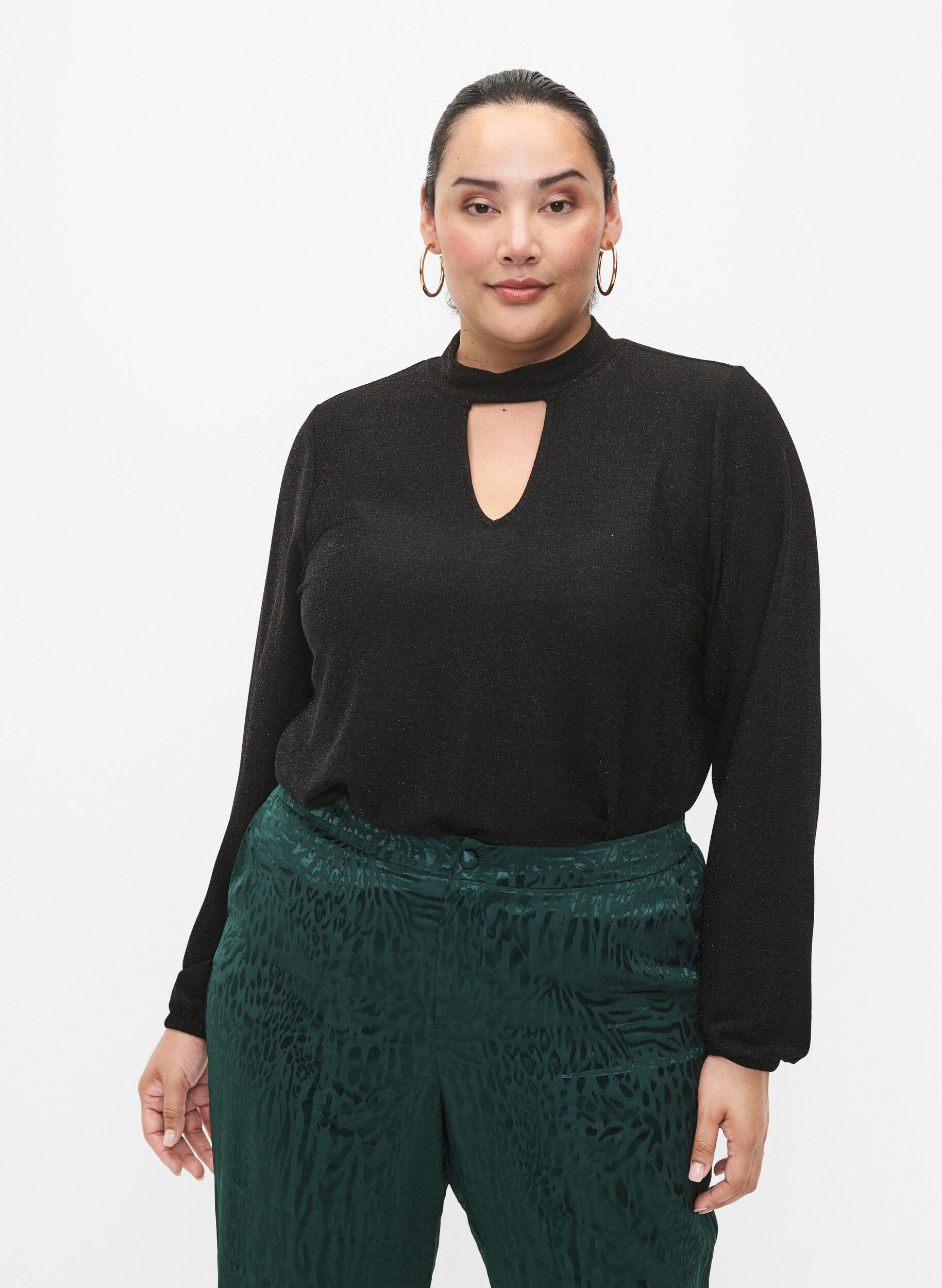 Zizzi Langermet bluse med glitter, rund hals og V-detalj, Black Black, Model image number 0