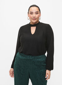 Langermet bluse med glitter, rund hals og V-detalj, Black Black, Model