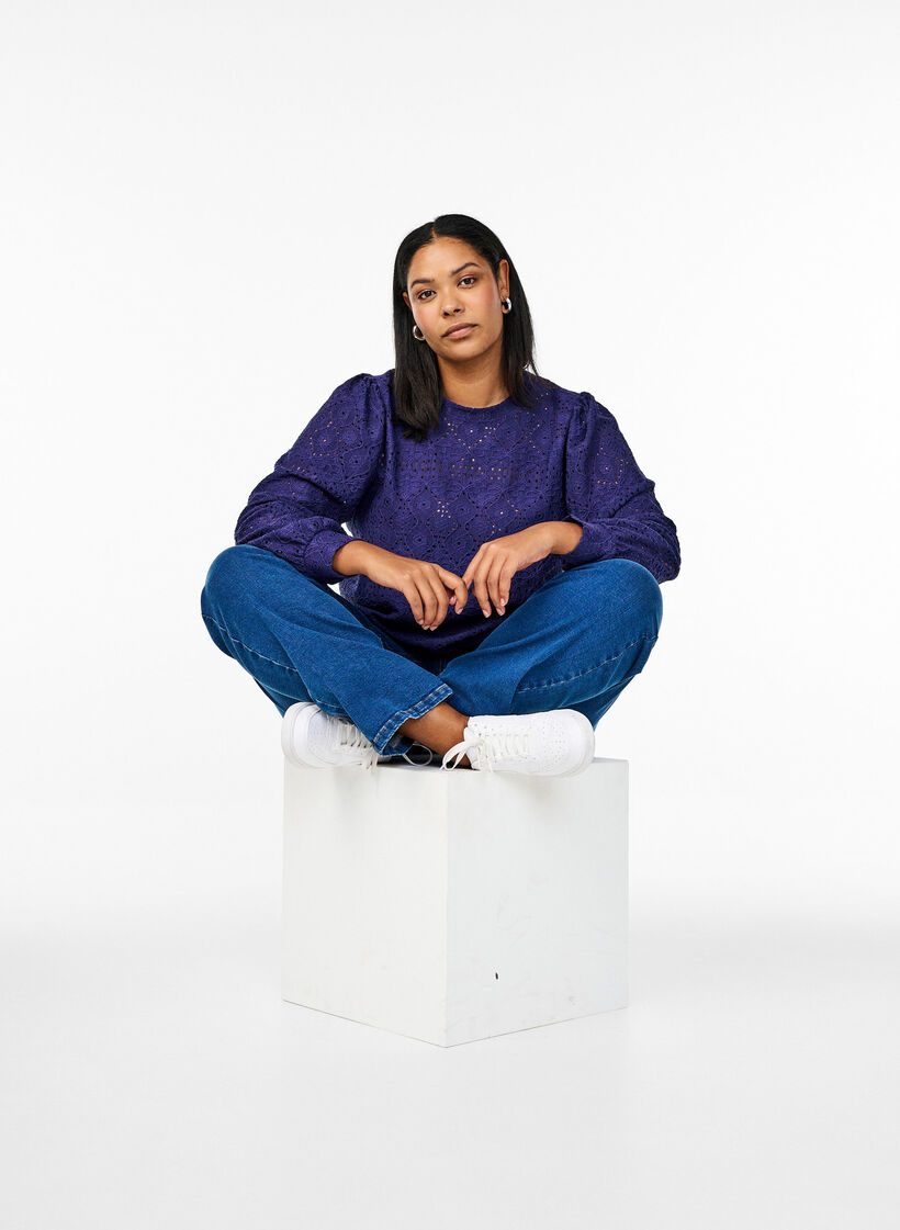 Langermet bluse med et åpentsarbeidsmønster, Lilla, Image image number 0