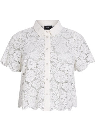 Zizzi Skjortebluse i blonde med perleknapper, Vanilje, Packshot image number 0