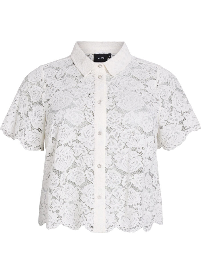 Skjortebluse i blonde med perleknapper, Vanilje, Packshot image number 0