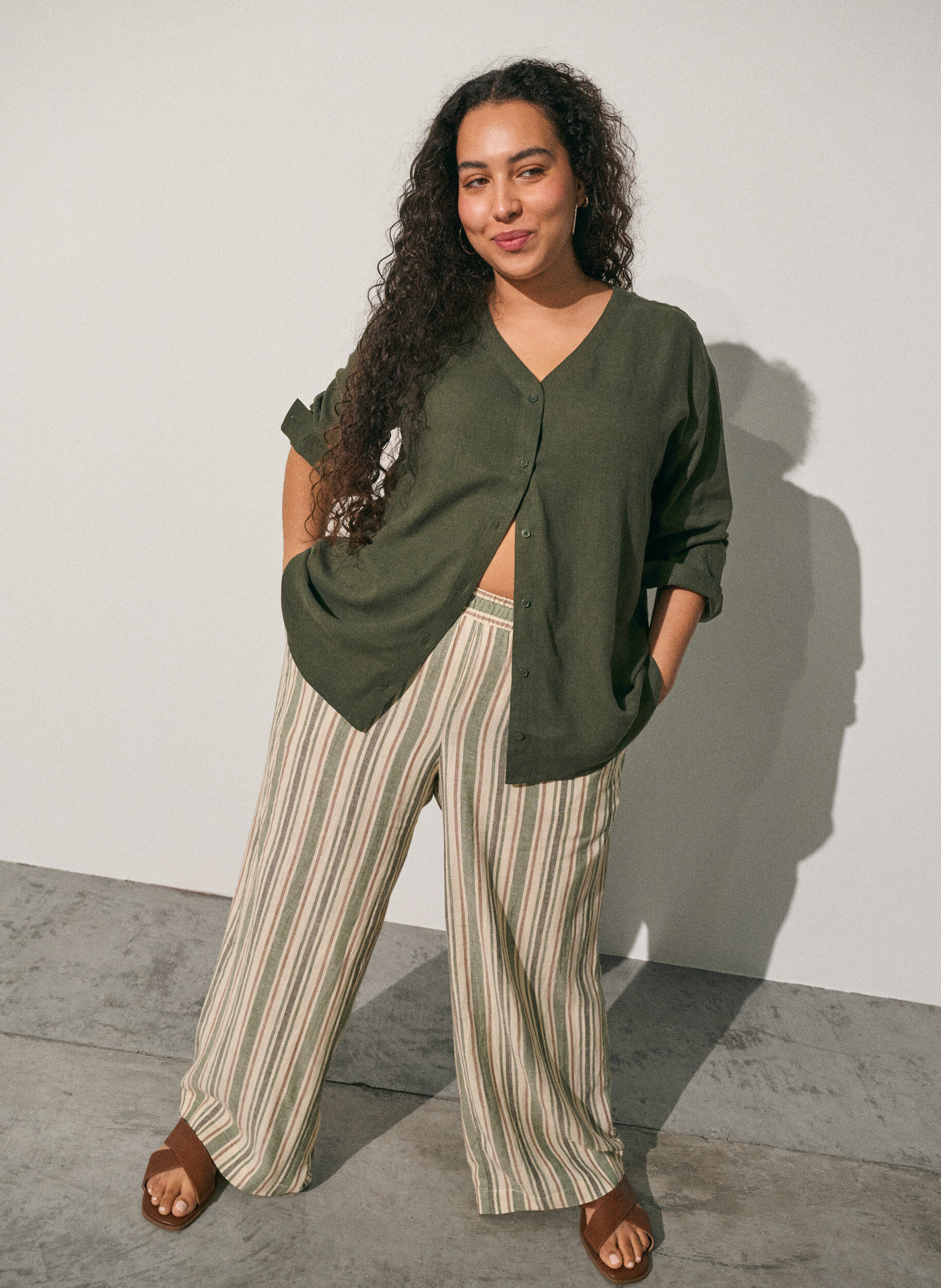 ZizziBukser med vide ben i lin og viskose, Vanilje, Image image number 0