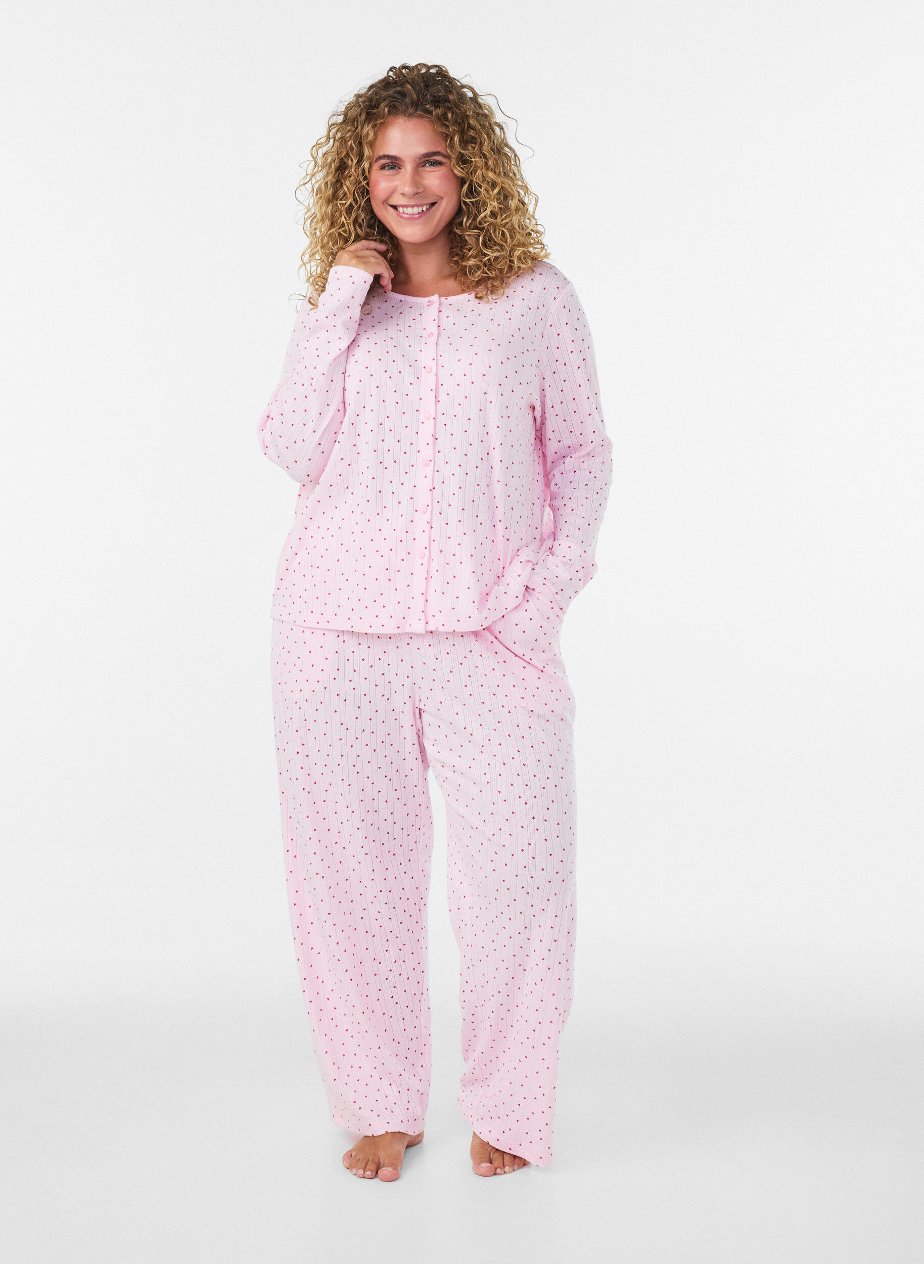 ZizziCardigan i &oslash;kologisk bomull med hullbroderi, Rosa, Model image number 1