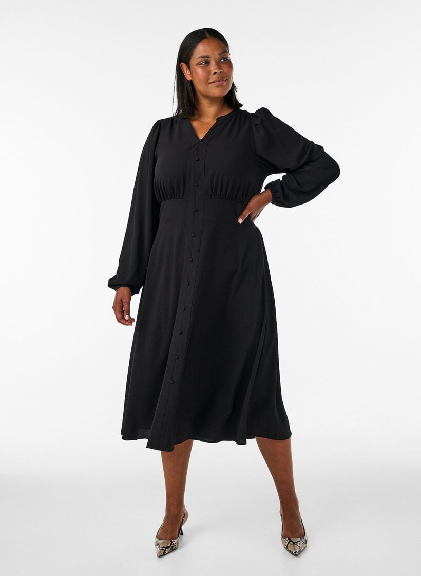 Midikjole med smock og dekorative knapper, Svart, Model image number 0