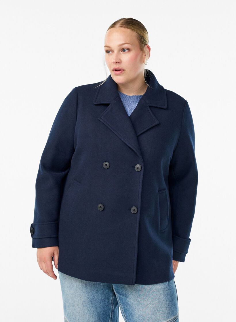 Kort k&aring;pe med dobbeltradede knapper, Bl&aring;, Model image number 0