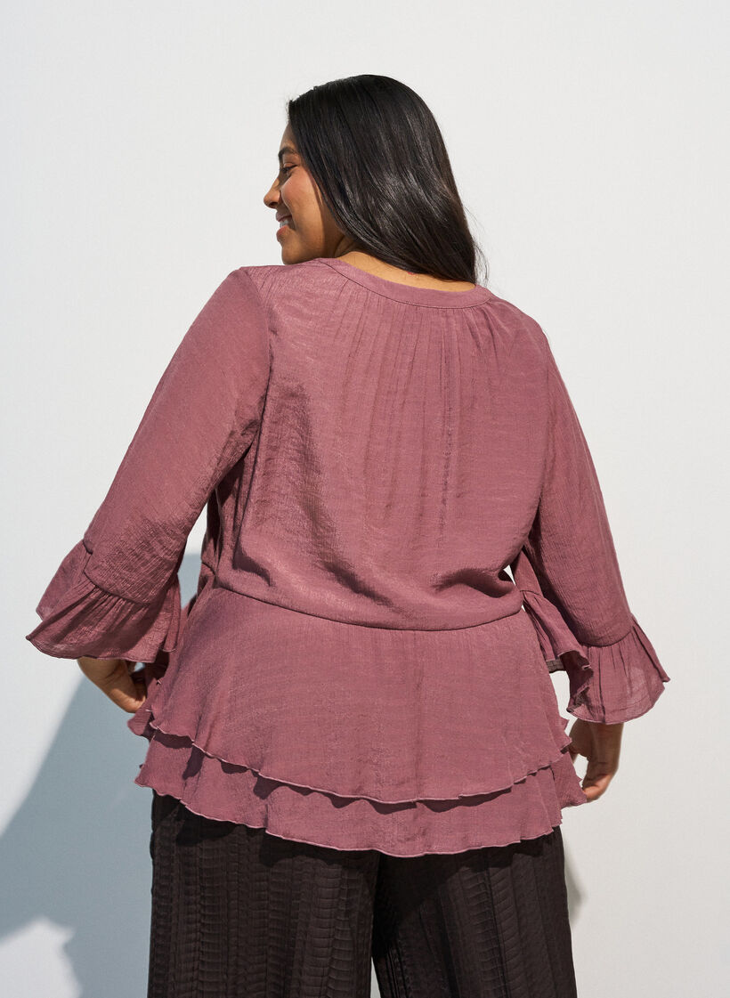 Bluse med 3/4-ermer og volangdetaljer, Rosa, Model image number 2