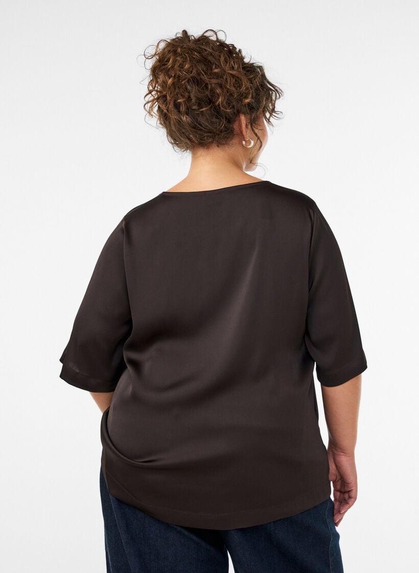 Satengbluse med albuelange ermer, Brun, Model image number 2