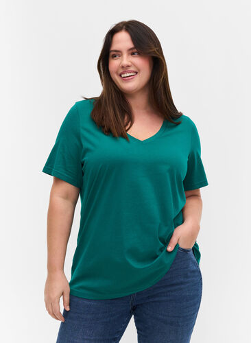 T-skjorte i organisk bomull med V-hals, Teal Green, Model image number 0