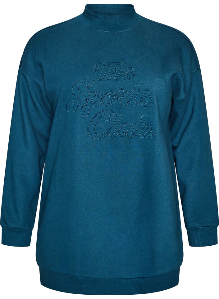 Lang genser med h&oslash;y hals og brodert tekst, Bl&aring;, Packshot image number 0