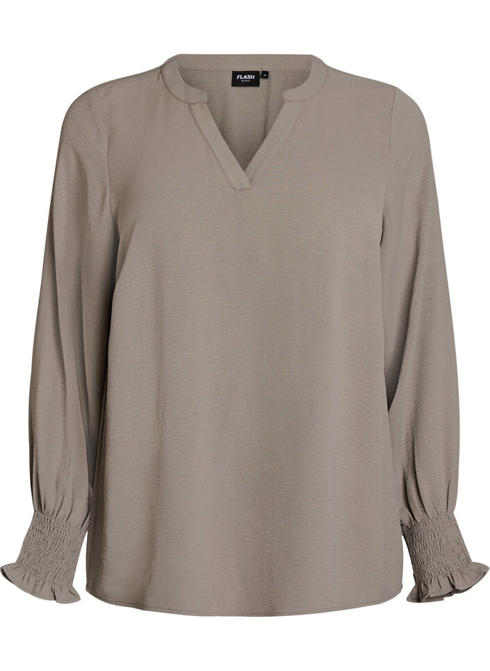 Bluse med smockmansjetter og V-hals, Beige, Packshot image number 0