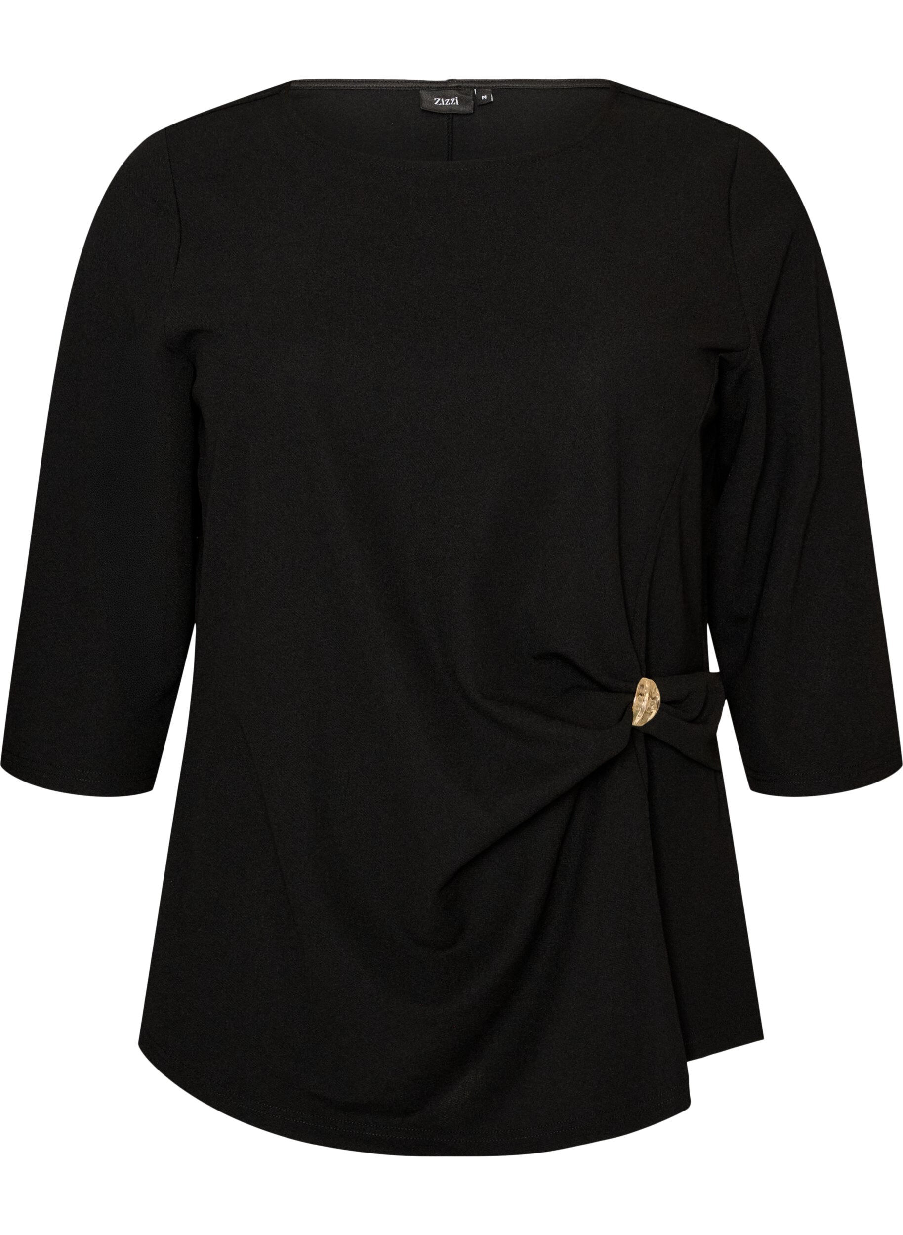 Bluse med asymmetrisk drapering og 3/4-ermer