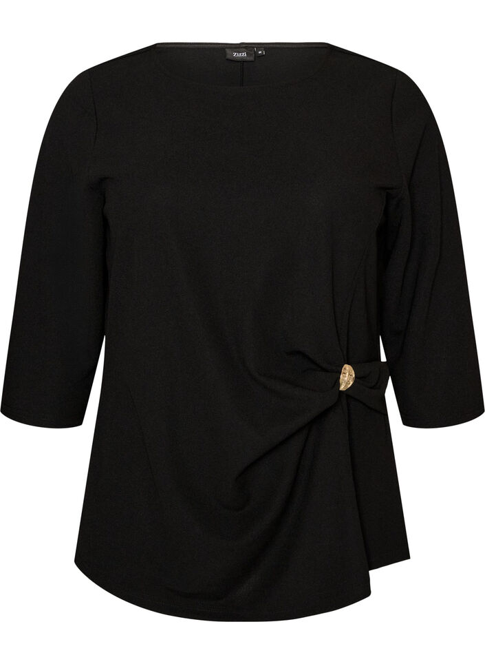Bluse med asymmetrisk drapering og 3/4-ermer, Svart, Packshot image number 0