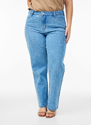Zizzi Gemma jeans med høy midje og blomstertrykk, Blå, Model image number 3