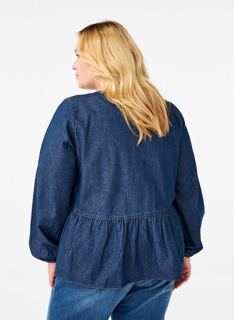 Peplumbluse i denim med snøring, Blå, Model image number 2