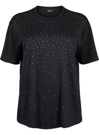 T-skjorte med strass og rund hals, Svart T-skjorte med strass og rund hals