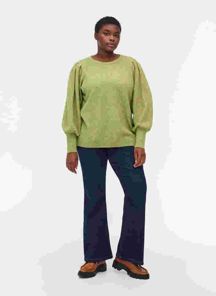 Melert strikkegenser med puffermer, Green Olive Mel., Model image number 2