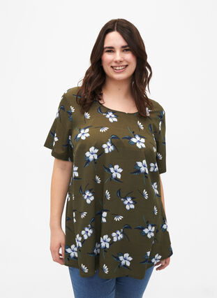 FLASH - Bluse med korte ermer og trykk, Olive Night Flower, Model image number 0