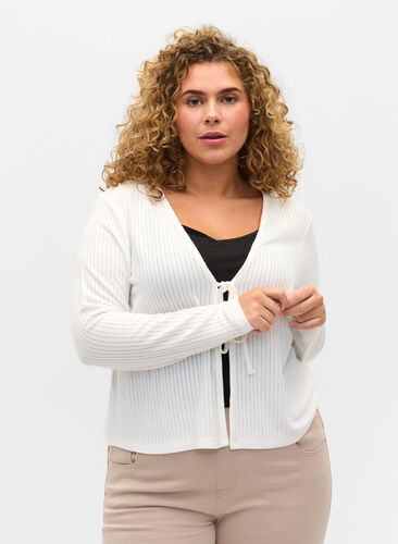 Zizzi Ribbet cardigan med knyting, White, Model image number 0