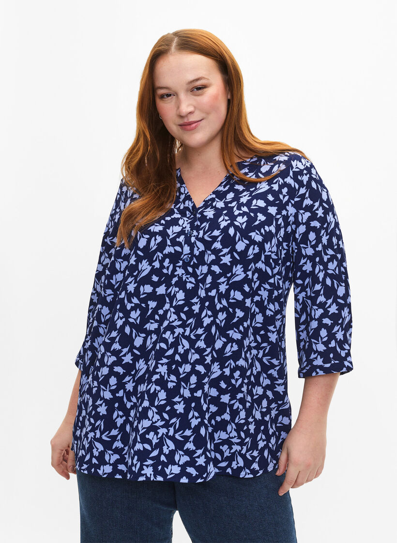 Blomstret bluse med 3/4-ermer, M. Blue Flower AOP, Model image number 0