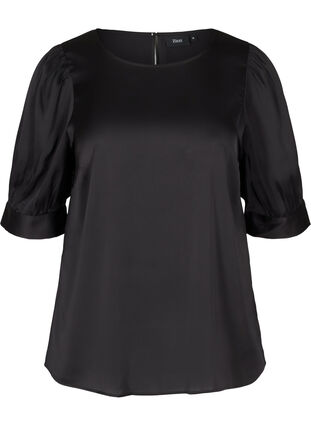 Shiny bluse med korte puffermer, Black, Packshot image number 0