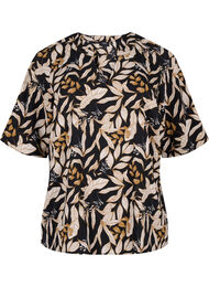 Bluse med V-hals og bladtrykk, Black Leaf AOP