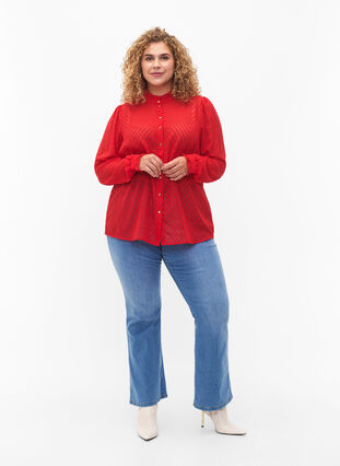 Skjortebluse med volanger og mønstret tekstur, Tango Red, Model image number 2