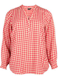 Bluse med vaffelsøm og v-utringning, Raspb. Houndsthooth