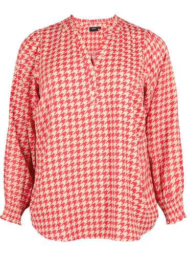 Bluse med vaffelsøm og v-utringning, Raspb. Houndsthooth, Packshot image number 0