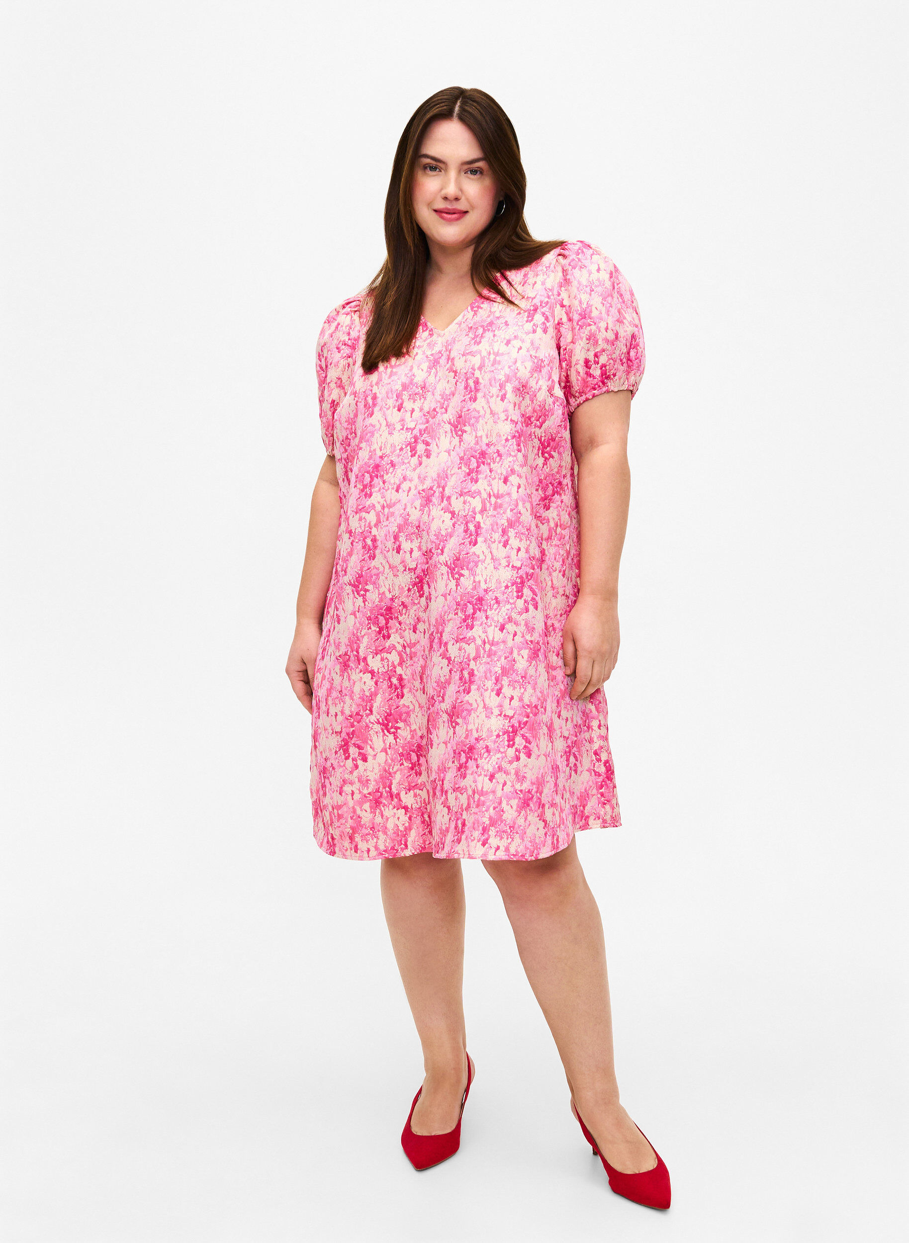 Zizzi Kjole med korte puffermer, Chateau Rose AOP, Model image number 2