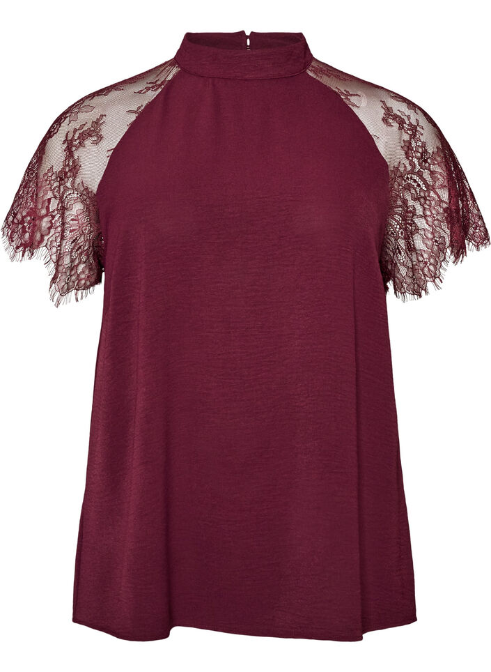Bluse med korte blondeermer og h&oslash;y hals, R&oslash;d, Packshot image number 0