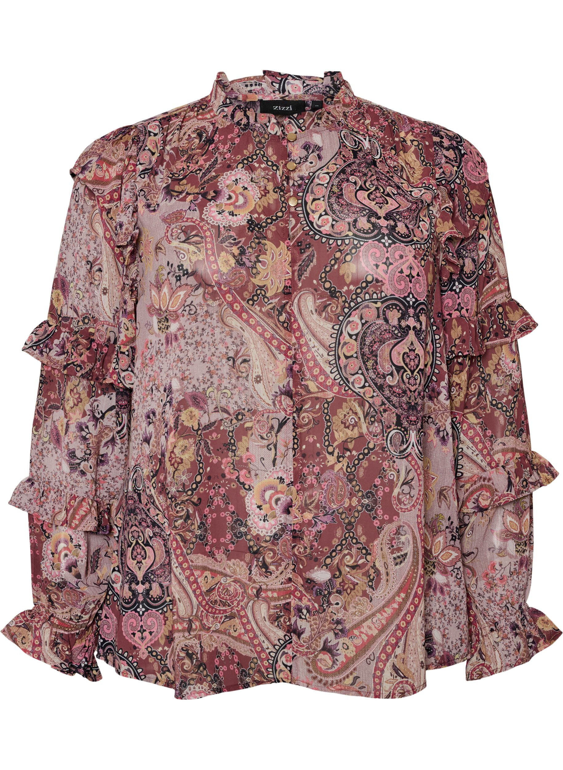Bluse med paisley-trykk og volangdetaljer