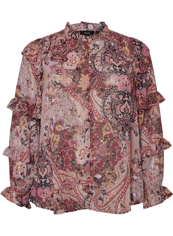 Bluse med paisley-trykk og volangdetaljer, Lilla, Packshot image number 0