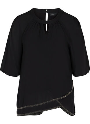 Bluse med 3/4-ermer og stener i bunnen, Black, Packshot image number 0