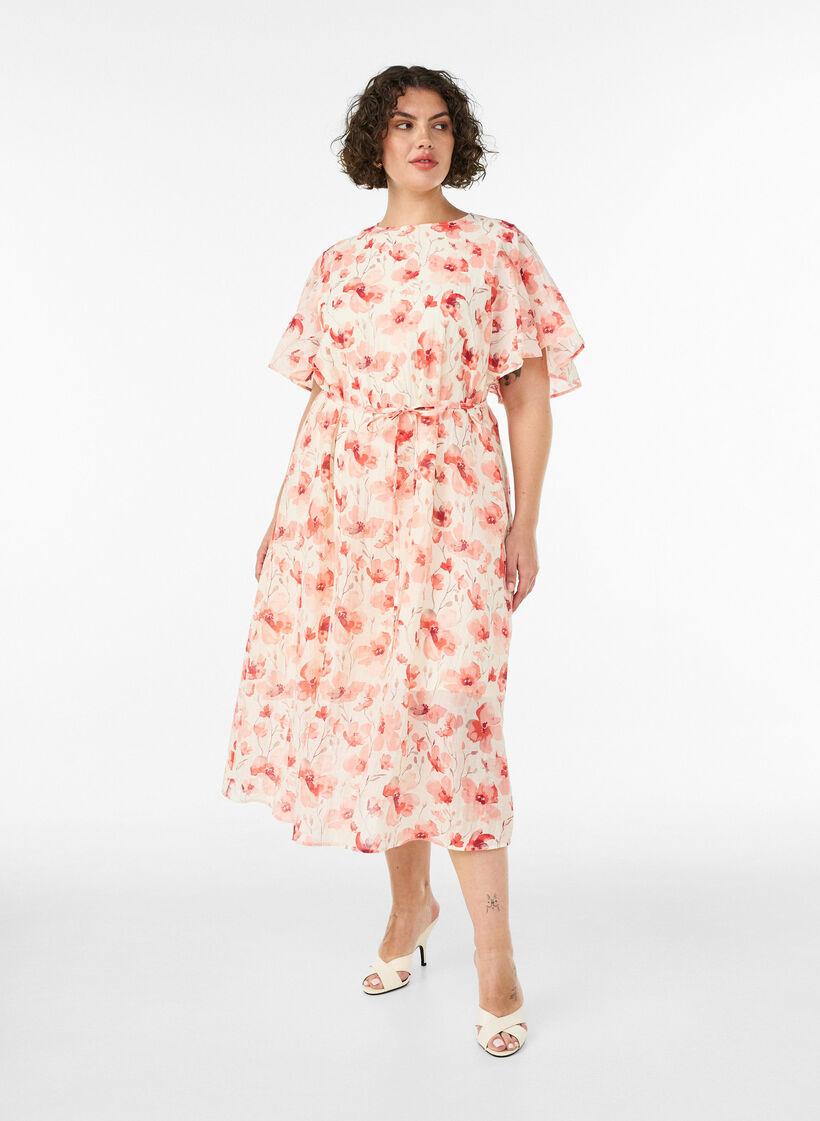 Ankellang kjole med flagrende ermer og knytebelte, Rosa, Model image number 0