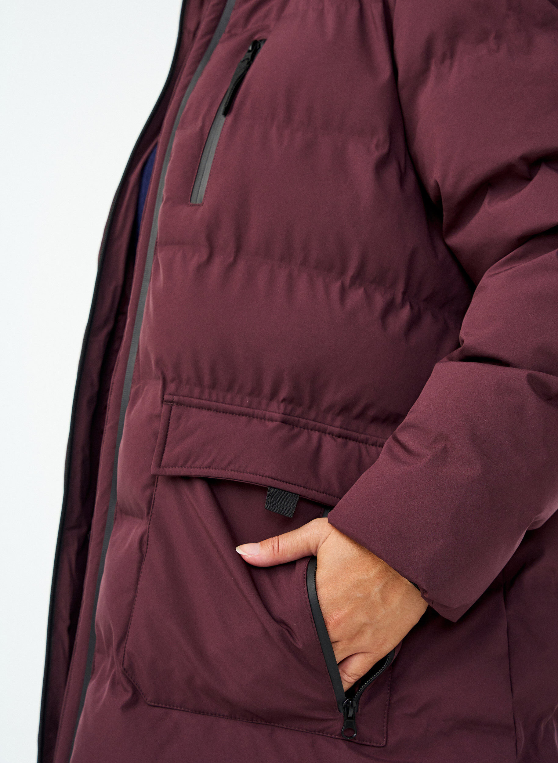 ZizziPufferjakke med hette og lommer, M&oslash;rk Bordeaux, Model image number 3