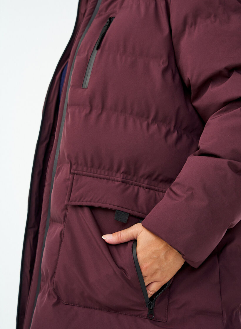 Pufferjakke med hette og lommer, M&oslash;rk Bordeaux, Model image number 3