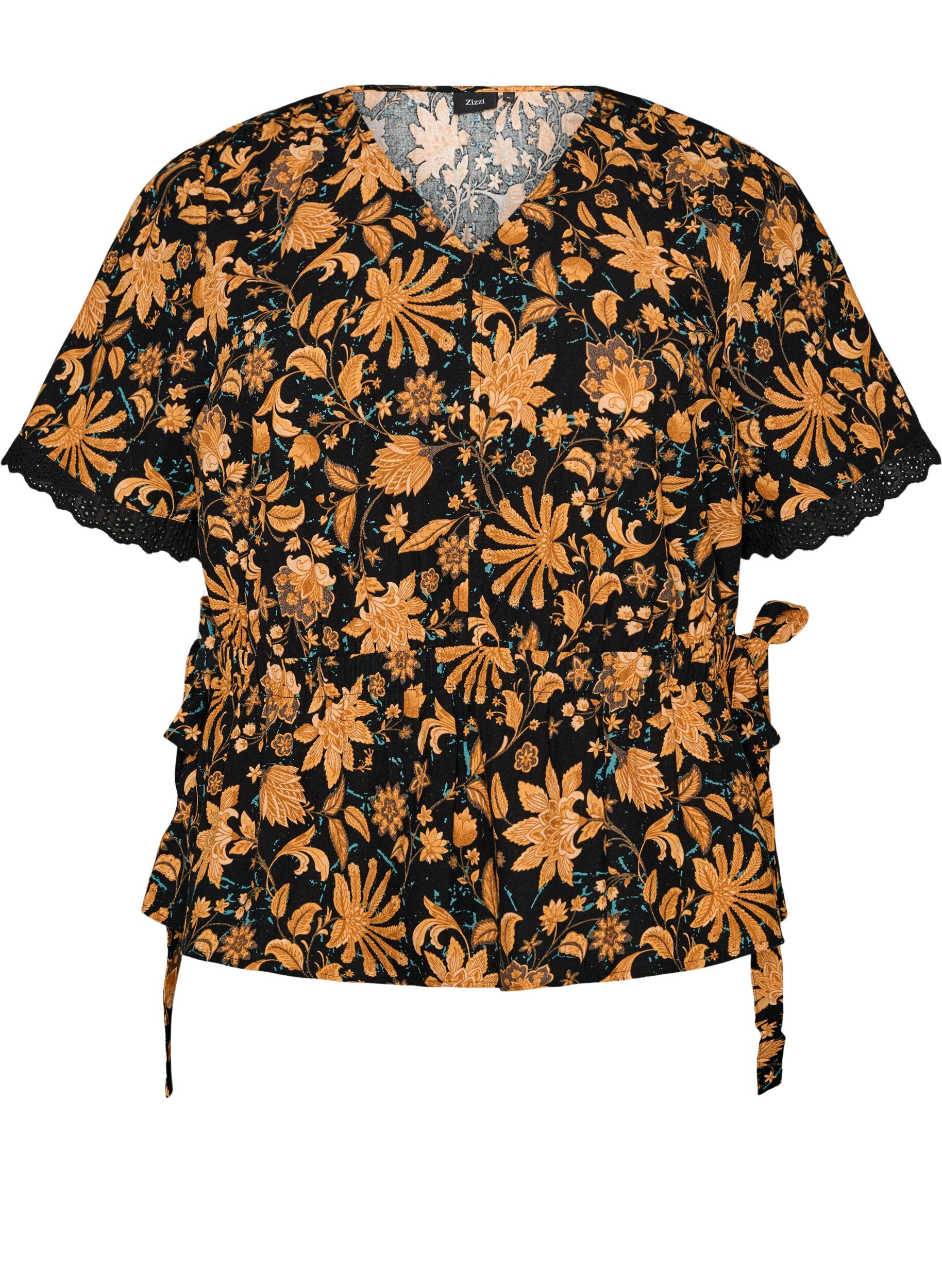 ZizziBlomstret bomullsbluse med knyting, Orange, Packshot image number 0