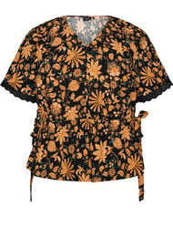 Blomstret bomullsbluse med knyting, Orange