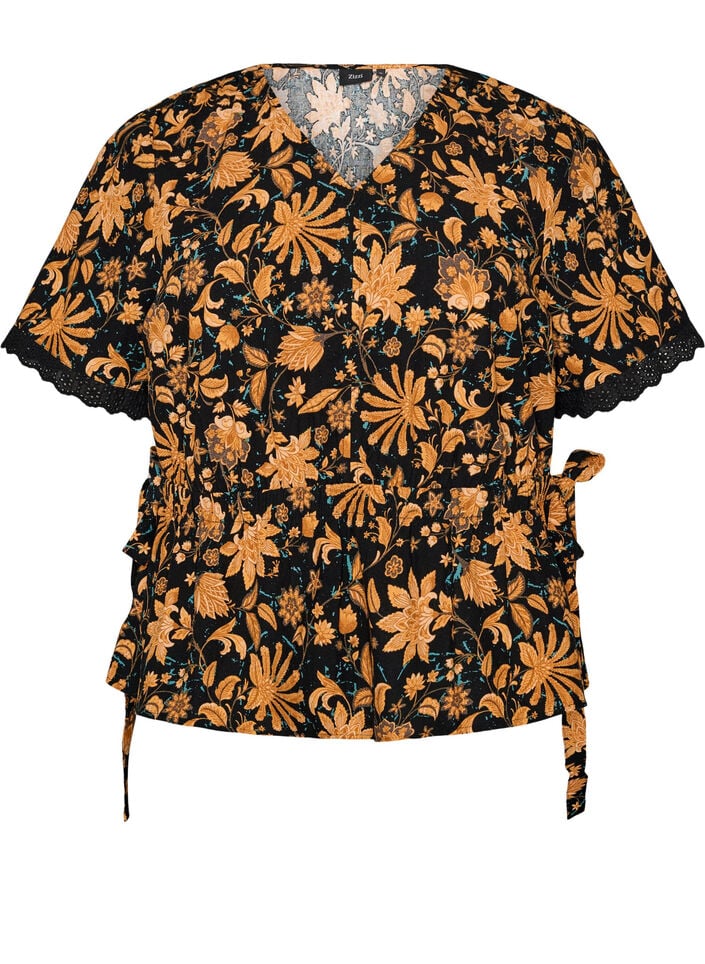 Blomstret bomullsbluse med knyting, Orange, Packshot image number 0