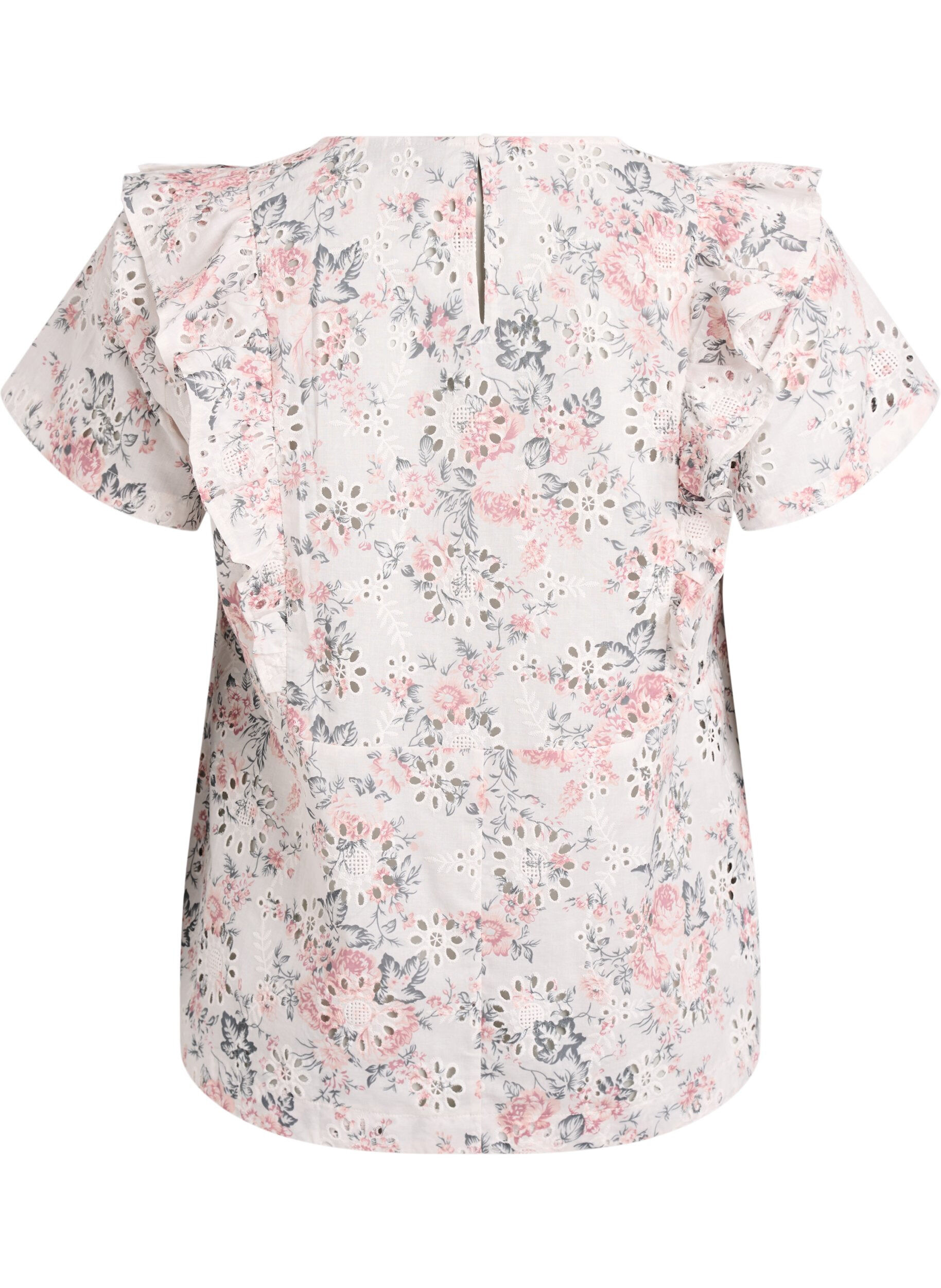 ZizziBluse i bomull med broderie anglaise og volanger, Rosa, Packshot image number 1