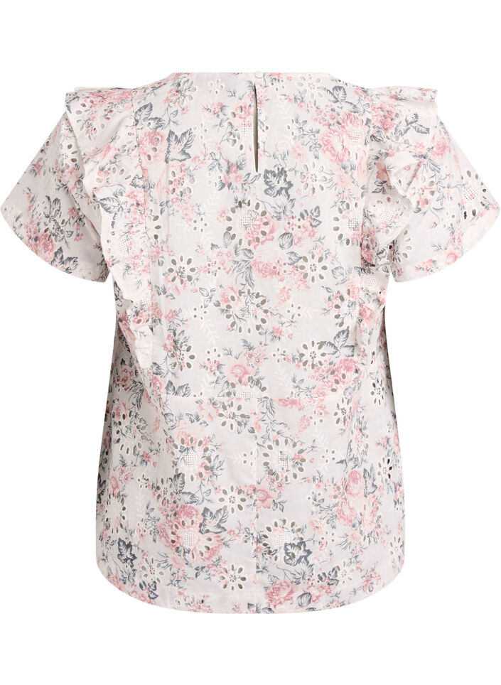 Bluse i bomull med broderie anglaise og volanger, Rosa, Packshot image number 1