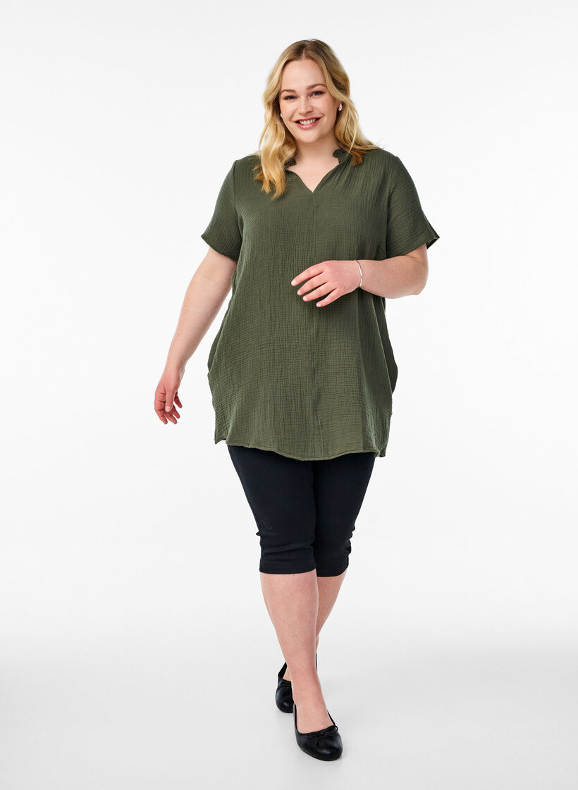 Bomullsmuslin tunika med korte ermer, Grønn, Model image number 1