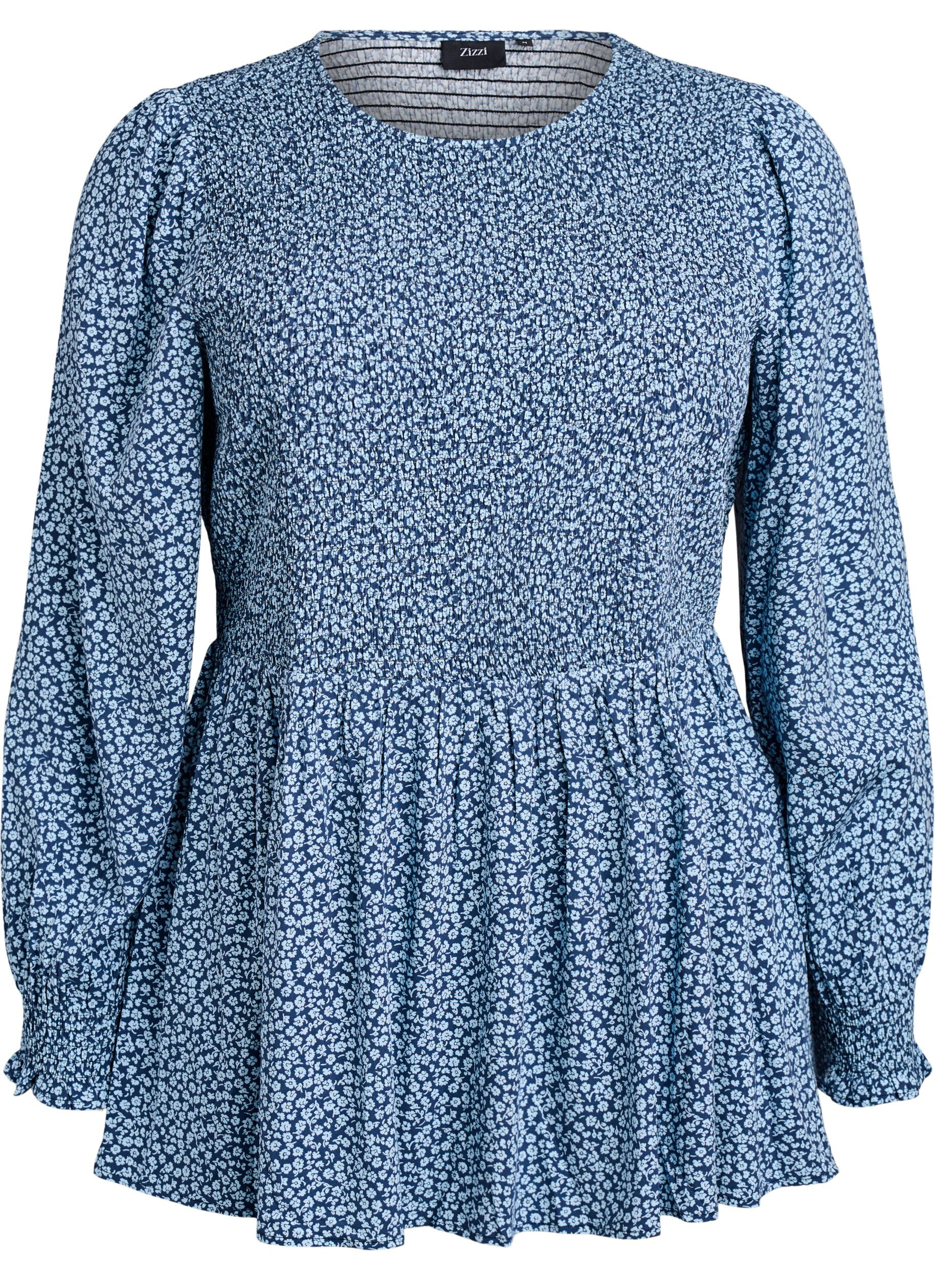 ZizziBluse med smocket topp og blomstertrykk, Bl&aring;, Packshot image number 0