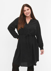 SJOKKPRIS - Kjole med trykk og snøring i midjen, Black Dot, Model
