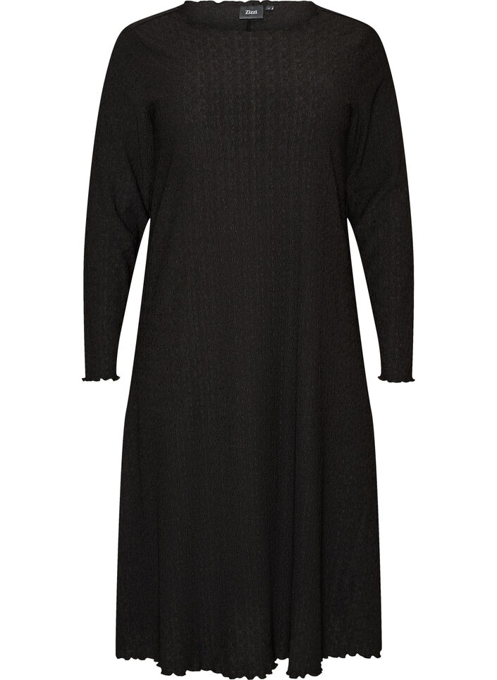 Midikjole med b&oslash;lget tekstur og lange ermer, Svart, Packshot image number 0