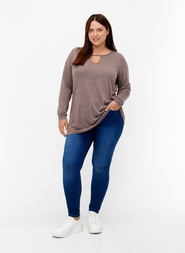 Melange bluse med lange ermer, Chestnut Mel. , Model image number 2